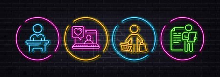 Illustration for Election candidate, Buyer and Friends chat minimal line icons. Neon laser 3d lights. Job interview icons. For web, application, printing. Voting campaign, Shopping customer, Love. Cv file. Vector - Royalty Free Image