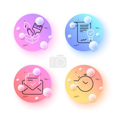 Illustration for Brush, Approved agreement and Approved mail minimal line icons. 3d spheres or balls buttons. Timer icons. For web, application, printing. Painter tools, Verified document, Confirmed document. Vector - Royalty Free Image