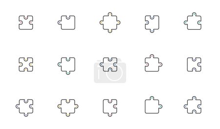 Illustration for Puzzle line icons. Jigsaw Challenge, Strategy, Puzzle pieces icons. Fun solution, Solve piece of problem. Tests person ingenuity or knowledge. Set of Jigsaw puzzle game pieces. Vector - Royalty Free Image