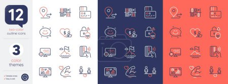 Téléchargez les illustrations : Set of Mountain flag, Volunteer and Parking place line icons. Include Smile chat, Seo, Analytics graph icons. Journey, Cyber attack, Contactless payment web elements. Card, Strong arm, Equity. Vector - en licence libre de droit
