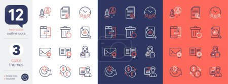 Illustration for Set of Presentation, Share idea and Currency exchange line icons. Include Diploma, Verified mail, Woman read icons. Analytics graph, Startup, Meeting time web elements. Bicolor outline icon. Vector - Royalty Free Image