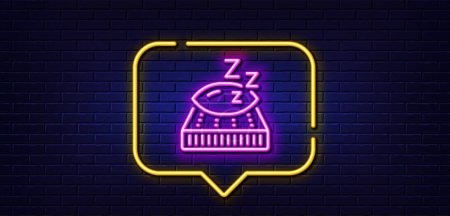 Illustration for Neon light speech bubble. Mattress line icon. Night sleep bed rest sign. Pillow with zzz symbol. Neon light background. Mattress glow line. Brick wall banner. Vector - Royalty Free Image