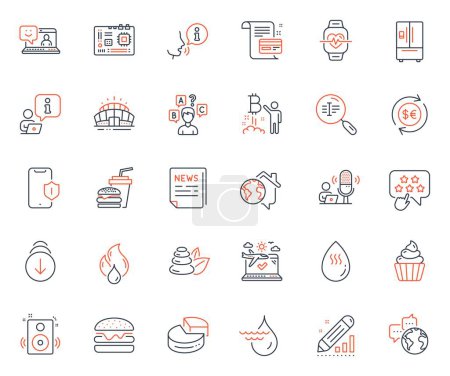Illustration for Business icons set. Included icon as World communication, Money currency and Ranking star web elements. Burger, Refrigerator, Hydroelectricity icons. Spa stones, Edit statistics. Vector - Royalty Free Image