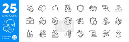 Illustration for Outline icons set. Leaf, Sun protection and Medical prescription icons. Vaccination schedule, Face attention, Ph neutral web elements. Wash hands, Plants watering, Dont touch signs. Vector - Royalty Free Image