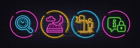 Ilustración de Time management, Night mattress and Leadership minimal line icons. Neon laser 3d lights. Lock icons. For web, application, printing. Time analysis, Sleeping pad, Winner flag. Protected info. Vector - Imagen libre de derechos