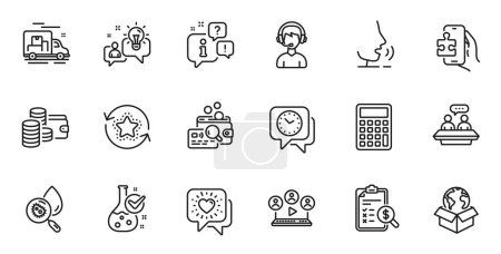 Illustration for Outline set of Video conference, Water analysis and Friends chat line icons for web application. Talk, information, delivery truck outline icon. Vector - Royalty Free Image