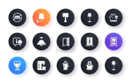Illustration for Minimal set of Ceiling lamp, Open door and Wine glass flat icons for web development. Tea cup, Lamp, Street light icons. Coffee machine, Mattress, Entrance web elements. Door, Latte. Vector - Royalty Free Image