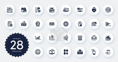 Téléchargez les illustrations : Set of Business icons, such as Online question, Love award and Buyer think flat icons. Love lock, Cream, Global business web elements. Surprise package, Consolidation, Loyalty card signs. Vector - en licence libre de droit