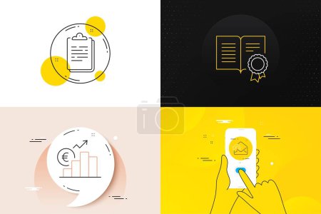 Ilustración de Minimal set of Clipboard, Euro rate and Diploma line icons. Phone screen, Quote banners. Send mail icons. For web development. Survey document, Currency trade, Document with badge. Vector - Imagen libre de derechos