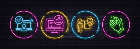 Illustration for Like video, Business idea and Online access minimal line icons. Neon laser 3d lights. Clapping hands icons. For web, application, printing. Thumbs up, Work planning, Approved user. Clap. Vector - Royalty Free Image