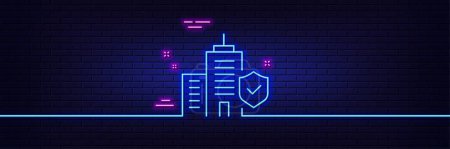 Illustration for Neon light glow effect. Apartment insurance hand line icon. Risk coverage sign. Building protection symbol. 3d line neon glow icon. Brick wall banner. Apartment insurance outline. Vector - Royalty Free Image