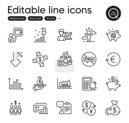 Téléchargez les illustrations : Set of Finance outline icons. Contains icons as Saving money, Exchange currency and Stop stress elements. Card, Loan, Currency exchange web signs. Cashback, Inspect, Meeting elements. Vector - en licence libre de droit