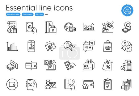 Ilustración de Atm money, Cashback and Bitcoin pay line icons. Collection of Pay money, Difficult stress, Diagram graph icons. Discount tags, Accounting, Payment methods web elements. Outline atm money icon. Vector - Imagen libre de derechos