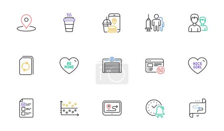 Illustration for Dot plot, Couple and Update document line icons for website, printing. Collection of Be mine, Nice girl, Parking garage icons. Food app, Gps, Takeaway web elements. 5g internet. Vector - Royalty Free Image
