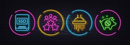 Illustration for Business meeting, Shower and Ssd minimal line icons. Neon laser 3d lights. Piggy sale icons. For web, application, printing. Rating star, Bathroom, Memory disk. Discounts. Neon lights buttons. Vector - Royalty Free Image