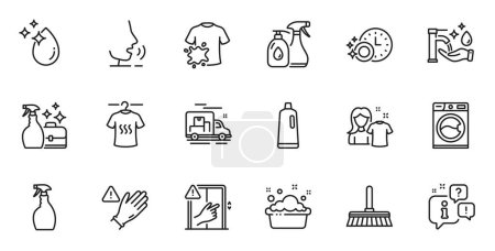 Téléchargez les illustrations : Outline set of Cleaning mop, Water drop and Dont touch line icons for web application. Talk, information, delivery truck outline icon. Include Dry t-shirt, Clean shirt, Cleaning liquids icons. Vector - en licence libre de droit