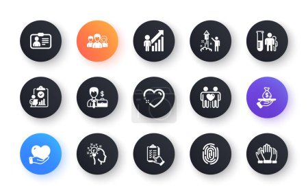 Illustration for Minimal set of Inspect, Id card and Friends couple flat icons for web development. Volunteer, Fingerprint, Idea icons. Medical analyzes, Checklist, Teamwork web elements. Fireworks. Vector - Royalty Free Image
