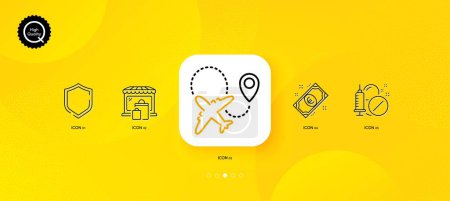 Illustration for Market, Shield and Medical drugs minimal line icons. Yellow abstract background. Airplane, Euro money icons. For web, application, printing. Shopping bags, Safe secure, Medicine pills. Plane. Vector - Royalty Free Image