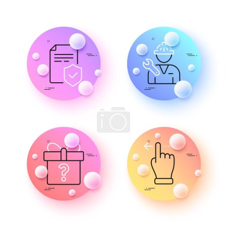 Illustration for Insurance policy, Secret gift and Touchscreen gesture minimal line icons. 3d spheres or balls buttons. Repairman icons. For web, application, printing. Vector - Royalty Free Image
