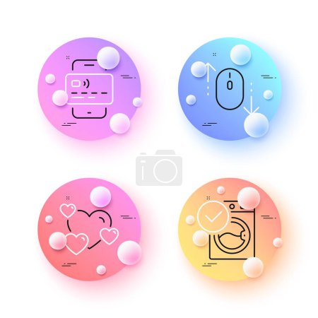 Illustration for Scroll down, Washing machine and Card minimal line icons. 3d spheres or balls buttons. Heart icons. For web, application, printing. Mouse swipe, Laundry, Mobile payment. Love rating. Vector - Royalty Free Image