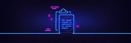 Illustration for Neon light glow effect. Clipboard document line icon. Agreement file sign. Survey record symbol. 3d line neon glow icon. Brick wall banner. Clipboard outline. Vector - Royalty Free Image