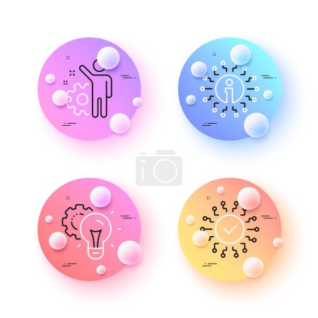 Téléchargez les illustrations : Info, Security network and Idea gear minimal line icons. 3d spheres or balls buttons. Employee icons. For web, application, printing. Information, Cyber system, Technology process. Cogwheel. Vector - en licence libre de droit