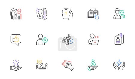Téléchargez les illustrations : Clapping hands, Ask question and Safe energy line icons for website, printing. Collection of Seo statistics, People chatting, Fever icons. Like, Loan, Loyalty program web elements. Vector - en licence libre de droit