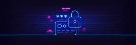 Illustration for Neon light glow effect. Lock line icon. Protected credit card sign. Password security symbol. 3d line neon glow icon. Brick wall banner. Lock outline. Vector - Royalty Free Image