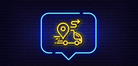 Illustration for Neon light speech bubble. Delivery line icon. Road path sign. Car journey route symbol. Neon light background. Delivery glow line. Brick wall banner. Vector - Royalty Free Image