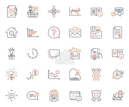 Education icons set. Included icon as Winner podium, Calendar and Ranking stars web elements. Question mark, Message, Love mail icons. Inclusion, Piano, Time web signs. Quick tips. Vector