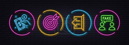 Illustration for Sign out, Target purpose and Payment method minimal line icons. Neon laser 3d lights. Fake information icons. For web, application, printing. Logout, Business focus, Give money. Wrong talk. Vector - Royalty Free Image