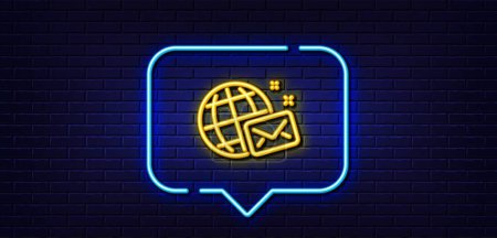 Illustration for Neon light speech bubble. World mail line icon. Web letter sign. Send message symbol. Neon light background. World mail glow line. Brick wall banner. Vector - Royalty Free Image