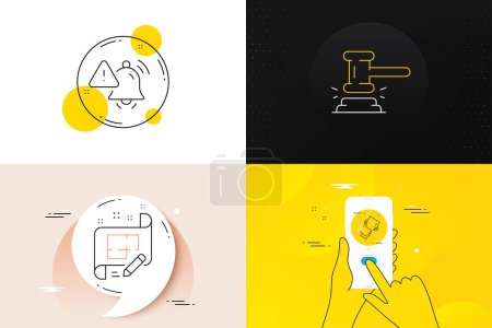 Illustration for Minimal set of Architect plan, Winner cup and Attention bell line icons. Phone screen, Quote banners. Judge hammer icons. For web development. Engineering plan, Best trophy, Warning alarm. Vector - Royalty Free Image