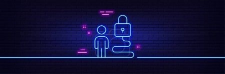 Illustration for Neon light glow effect. Lock line icon. Security access sign. Online padlock symbol. 3d line neon glow icon. Brick wall banner. Lock outline. Vector - Royalty Free Image