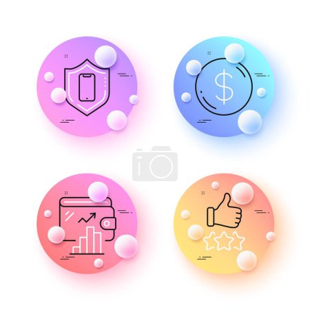 Illustration for Rating stars, Smartphone protection and Wallet minimal line icons. 3d spheres or balls buttons. Dollar money icons. For web, application, printing. Thumb up, Phone, Money account. Currency. Vector - Royalty Free Image