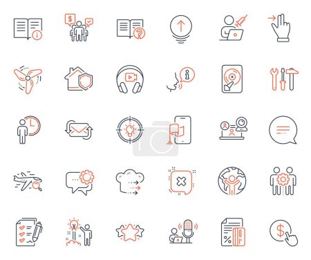 Illustration for Technology icons set. Included icon as Credit card, Location app and Swipe up web elements. Food delivery, Waiting, Spanner tool icons. Employees messenger, Vaccination appointment. Vector - Royalty Free Image