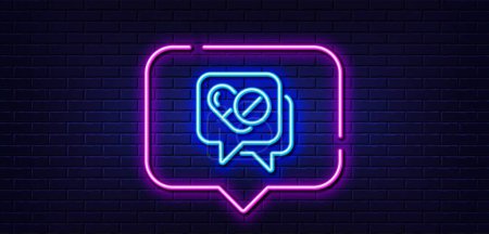 Illustration for Neon light speech bubble. Medical drugs line icon. Medicine pills sign. Pharmacy medication symbol. Neon light background. Medical drugs glow line. Brick wall banner. Vector - Royalty Free Image