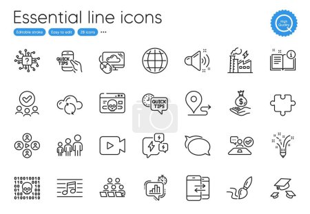 Téléchargez les illustrations : Electricity factory, Binary code and Brush line icons. Collection of Job interview, Stress, Cloud sync icons. Phone communication, Video camera, Statistics timer web elements. Vector - en licence libre de droit