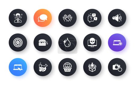 Illustration for Minimal set of Food delivery, Portable computer and Chemistry lab flat icons for web development. Cyber attack, Support consultant, Messenger icons. Notebook service, Hydroelectricity. Vector - Royalty Free Image
