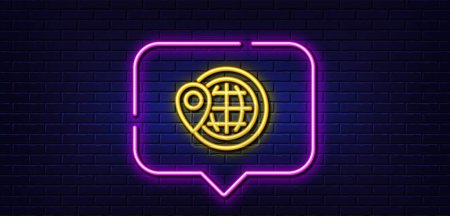 Illustration for Neon light speech bubble. World travel line icon. Trip globe sign. Map location pointer symbol. Neon light background. World travel glow line. Brick wall banner. Vector - Royalty Free Image