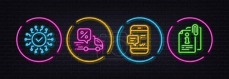Illustration for Smartphone notification, Delivery discount and Security network minimal line icons. Neon laser 3d lights. Attached info icons. For web, application, printing. Vector - Royalty Free Image
