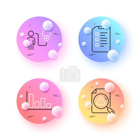 Illustration for Histogram, Search document and Business idea minimal line icons. 3d spheres or balls buttons. Checklist icons. For web, application, printing. Economic trend, Warning attention, Work planning. Vector - Royalty Free Image