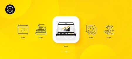 Illustration for Consolidation, Typewriter and Clock minimal line icons. Yellow abstract background. Calendar, Online statistics icons. For web, application, printing. Strategy, Writer machine, Time. Vector - Royalty Free Image