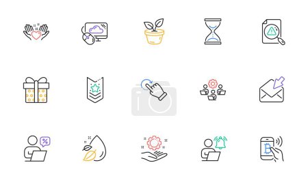 Illustration for Rotation gesture, Open mail and Leaves line icons for website, printing. Collection of Bitcoin pay, Water drop, Shoulder strap icons. Teamwork, User notification, Hold heart web elements. Vector - Royalty Free Image