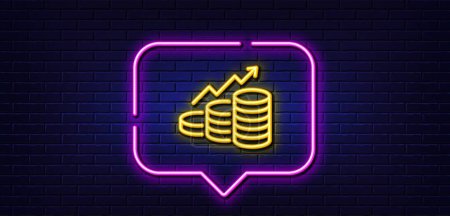Illustration for Neon light speech bubble. Growth chart line icon. Coins money sign. Business income symbol. Neon light background. Growth chart glow line. Brick wall banner. Vector - Royalty Free Image
