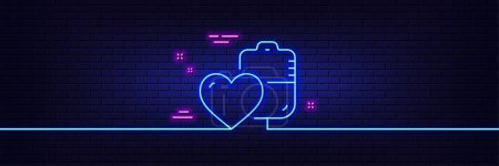 Illustration for Neon light glow effect. Donate blood line icon. Medical donor sign. Plasma symbol. 3d line neon glow icon. Brick wall banner. Blood outline. Vector - Royalty Free Image