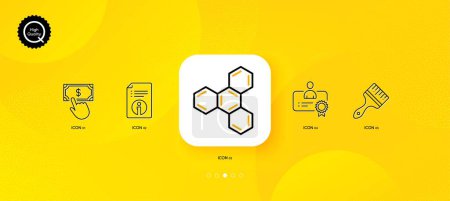 Illustration for Chemical formula, Certificate and Brush minimal line icons. Yellow abstract background. Technical info, Payment click icons. For web, application, printing. Chemistry, Best employee, Art brush. Vector - Royalty Free Image