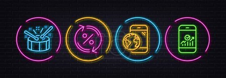 Ilustración de Mobile internet, Loan percent and Drums minimal line icons. Neon laser 3d lights. Smartphone statistics icons. For web, application, printing. Online marketing, Change rate, Drumsticks. Vector - Imagen libre de derechos