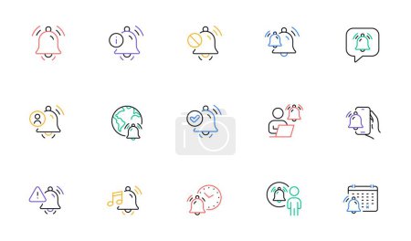 Illustration for Notification line icons. Alarm Clock, Calendar Reminder, Notification Bell. User Message Alarm, Phone ring, Sale offer line icons. Time reminder, Delivery notification and calendar bell. Vector - Royalty Free Image