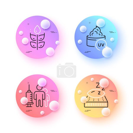 Illustration for Mattress, Uv protection and Medical vaccination minimal line icons. 3d spheres or balls buttons. Gluten free icons. For web, application, printing. Night pillow, Skin cream, Syringe vaccine. Vector - Royalty Free Image